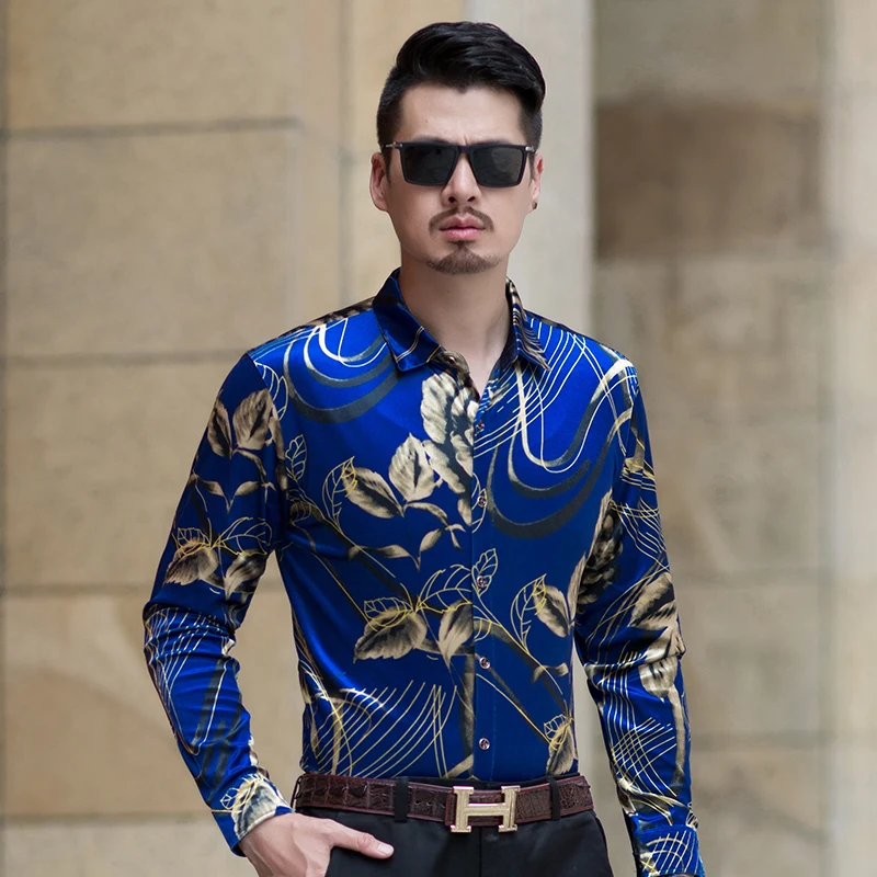 Высокое качество осень мужские бархатные платье с цветочным рисунком рубашка одежда с длинным рукавом мода золото бархат мужской рубашки
