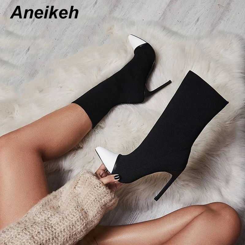 Aneikeh Women Elastic Socks Ankle Boots With Slip On Thin Heels Women