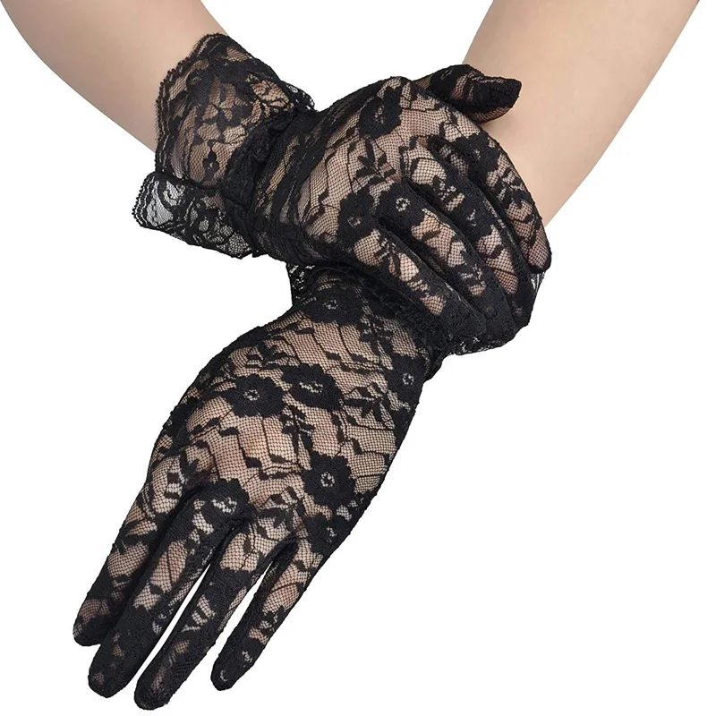 Женские винтажные прозрачные короткие кружевные перчатки Дерби чайные Вечерние перчатки с цветочным принтом длиной до запястья для ужина необычные аксессуары для костюма перчатки