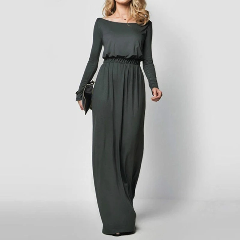 Новинка, весенне-осеннее платье, элегантное женское вечернее платье с длинным рукавом и вырезом лодочкой, платье в пол, женское повседневное пляжное платье Vestidos - Цвет: gray