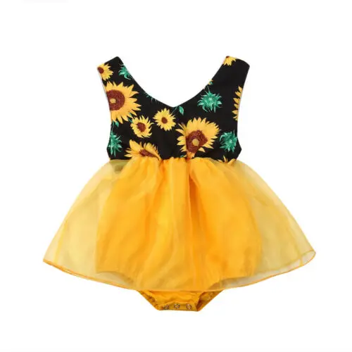 

Newborn Infant Baby Girl Clothes V-Neck Sleeveless Tutu Romper Yellow Sunflower Jumpsuit Solid Color Outfit Clothes Dress