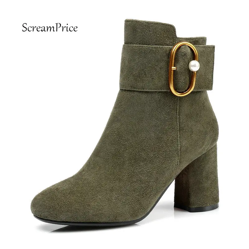 

Winter Suede Comfort Square Heel Woman Ankle Boots Fashion Buckle Zipper Dress Shoes Woman Black Amry Green