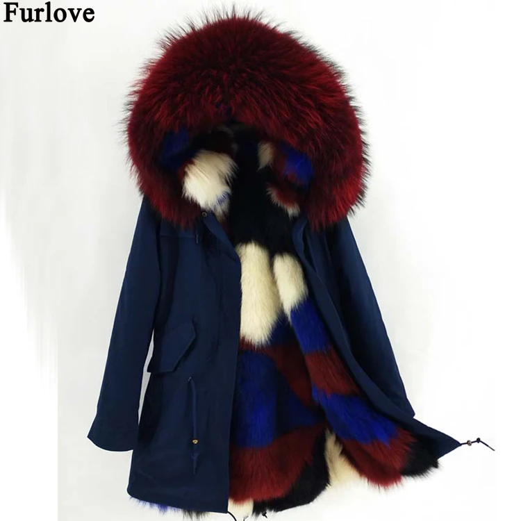 Parka Natural Real Fox Fur Liner Raccoon Fur Collar Hoode Parkas Winter Jacket Women Coat Detachable Outerwear Brand New