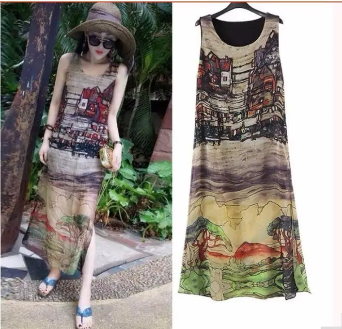 

1 piece Boho Maxi oil painting Print Floral Long Sleeveless Sundress Vestidos Beachwear Dress Robe
