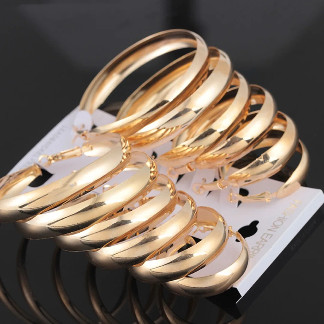 New 6 Pairs/set Vintage Dangle Big Circle Hoop Earrings Gold Silver Women Steampunk Ear Clip Shellhard Punk Ear Set Jewelry