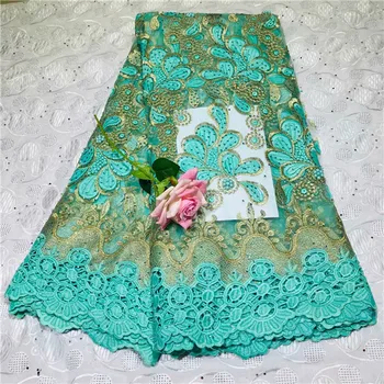 

New fashion water green embroidery French tulle net lace fabric with rhinestones and beads for party dress VRN181(5yards/lot)