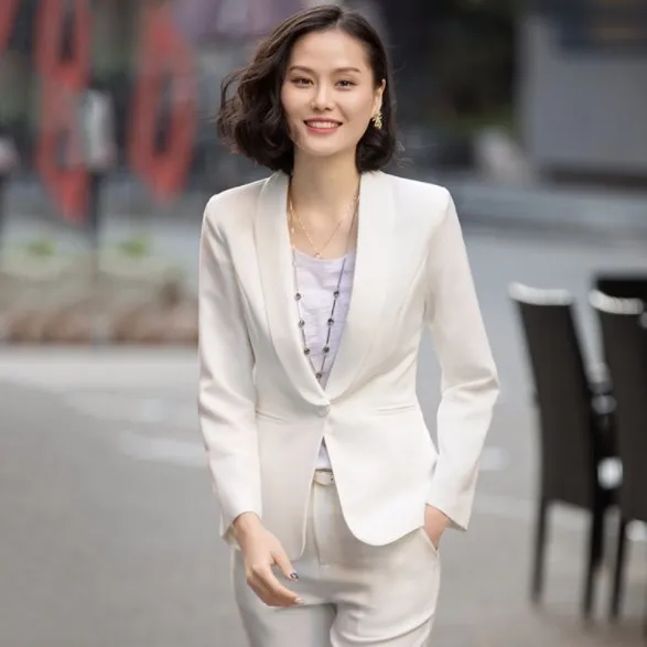 High Quality Women Pant Suits Two Pieces Set Formal Blazer and Trousers Office Ladies Work Wear Pantsuit Solid Black White Pink