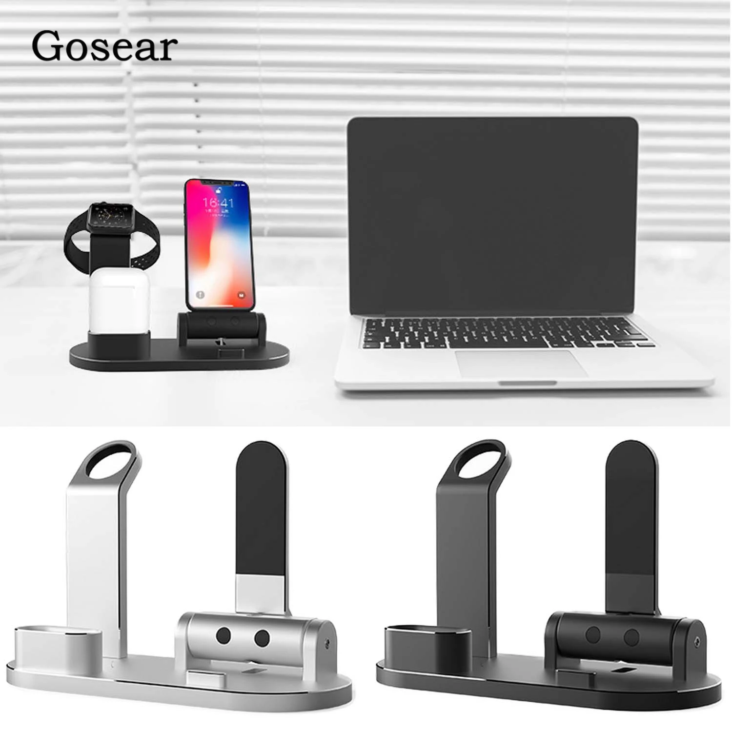 

Gosear 4 in 1 Phone Support Holder Charging Base Stand Charger Dock for Apple Watch iWatch iPhone X 8 7 6 iPad Air Mini Airpods