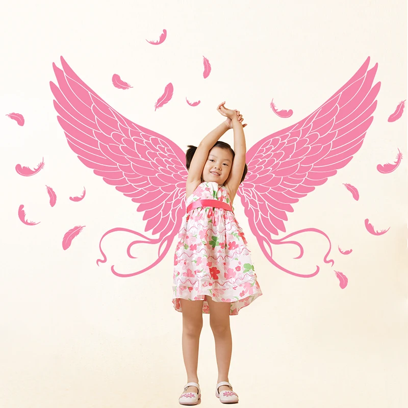 

[SHIJUEHEZI] Feather Wings Wall Stickers for Kids Rooms Baby Bedroom Decoration Pink Color Angle Plumage Wall Decals