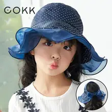 COKK Детские летние шапочки для детей, для девочек, широкий пустой Топ, пляжная шляпа, солнцезащитный козырек, корейский стиль, в горошек, на море, для путешествий, складной, с милым бантом