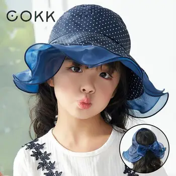 

COKK Kids Summer Hats For Children Girls Wide Empty Top Beach Hat Sun Visor Korean Style Dot Seaside Travel Foldable Sweet Bow
