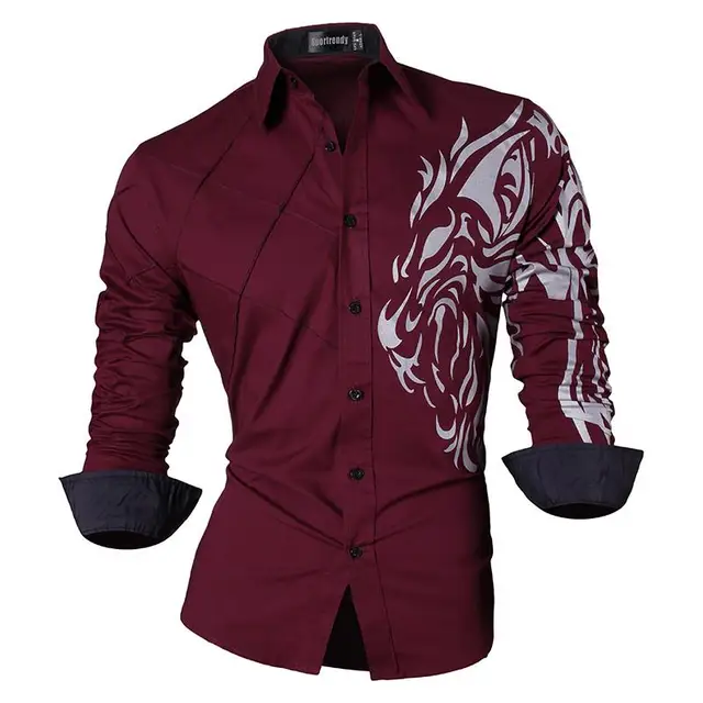 Sportrendy Men's Shirt Dress Casual Long Sleeve Slim Fit Fashion Dragon Stylish JZS041 JZS045-WineRed