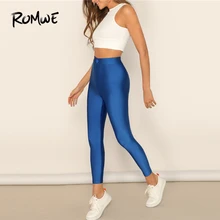 ROMWE, неоновые синие укороченные Леггинсы с пуговицами спереди,, бодибилдинг, высокая талия, обтягивающие леггинсы, сексуальные леггинсы с эластичной талией