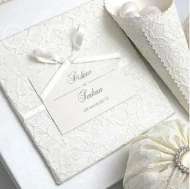 Cocostyles custom luxury lace hard cover invitation card with name tag and gift box for sweet party - 32865722507