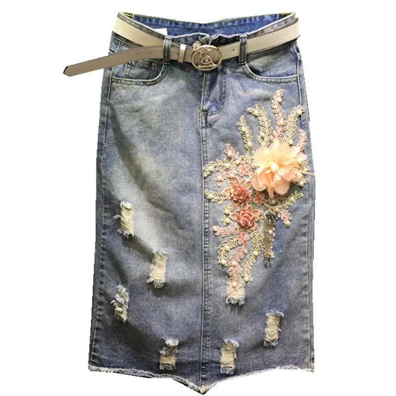 Джинсовые юбки с вышивкой на пуговицах, джинсовая юбка с вышивкой, прямые юбки, светло-голубая короткая юбка с цветами