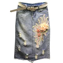 Джинсовые юбки с вышивкой на пуговицах, джинсовая юбка с вышивкой, прямые юбки, светло-голубая короткая юбка с цветами