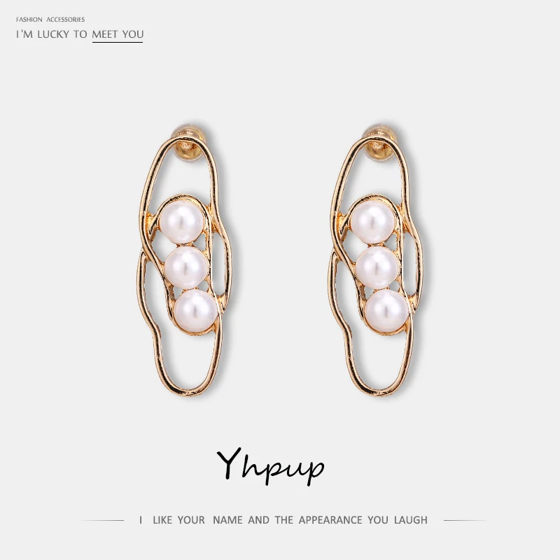 

Yhpup New Fashion Charm Hollow Geometric Stud Earrings Zinc Alloy Imitation Pearls Brincos Oorbellen pendientes mujer moda 2019