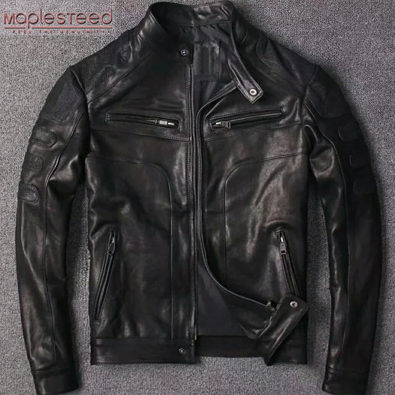 

MAPLESTEED Mens Leather Jacket Men 100% Natural Tanned Goatskin Jackets Slim Fit Black Short Boy Leather Coat Summer Spring M110