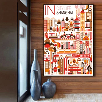 

Shanghai City Life Canvas Prints Cartoon City Wall Art Canvas Painting Posters Wall Picture For Living Room Wall Art Decoration