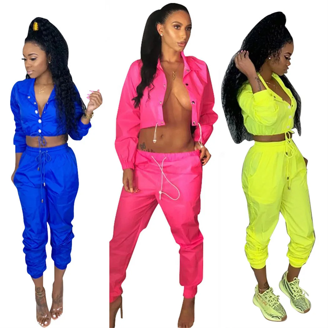 OMSJ 2021 New Neon Yellow Pink Two Piece Set Crop Top and Pants Tracksuit Sexy Casual Summer Clothes Spring Sweat Suits shorts co ord