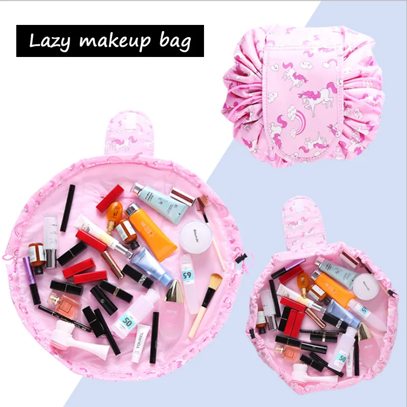 

Floral Flamingo Print Lazy makeup bag Pink Women drawstring cosmetic Stripe Travel Make Up Organizer Storage Toiletry Wash Kit