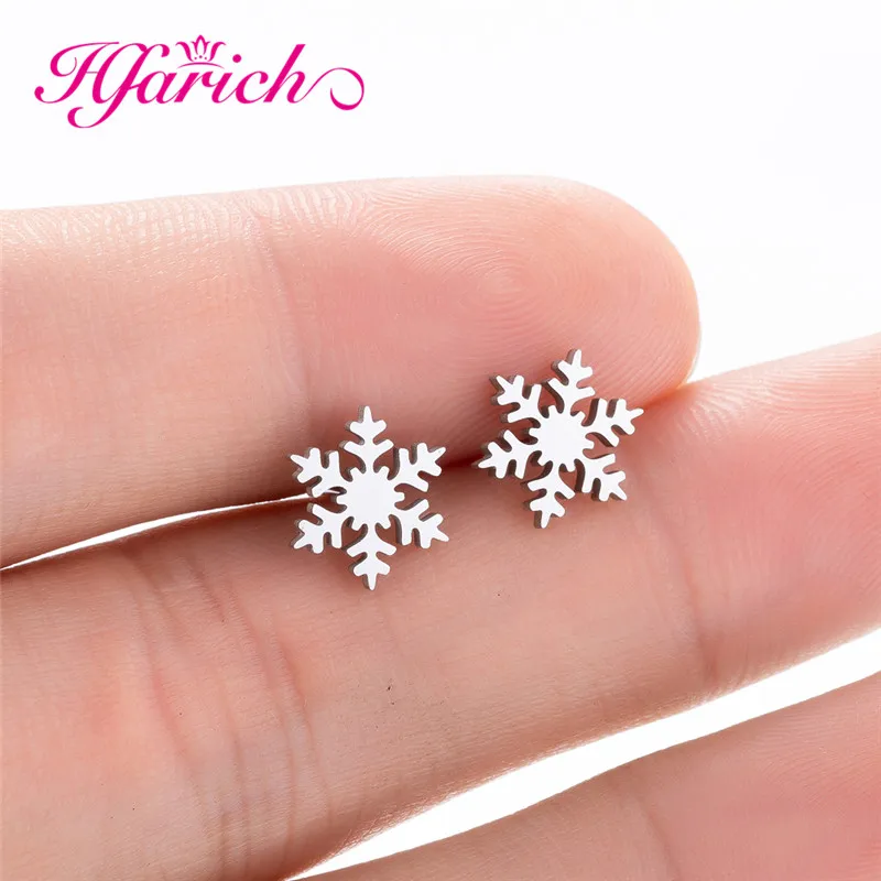Hfarich модная серьга из снежинки, маленькие серьги из нержавеющей стали в виде цветка, серьги для пирсинга, Рождественская Снежинка, ювелирное изделие, подарок на год