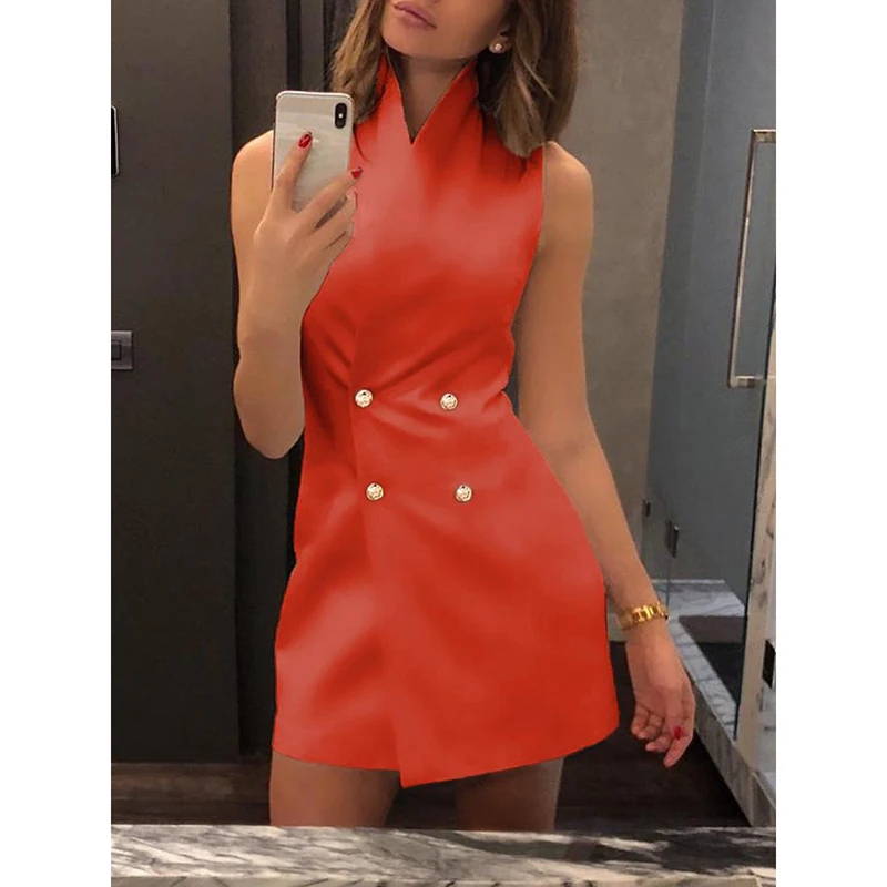 

Women Casual Summer Sexy Stand Collar Slim Buttons Dress Office Ladies Sleeveless Solid Vestidos Elegant Formal Dress SJ2243E