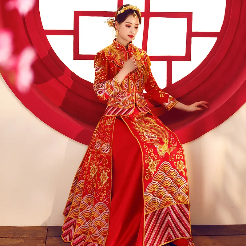 Красный Qipao Для женщин невесты традиционные свадебное платье воротник-стойка Вышивка Феникс платье Cheongsam Стиль Chinois Femme