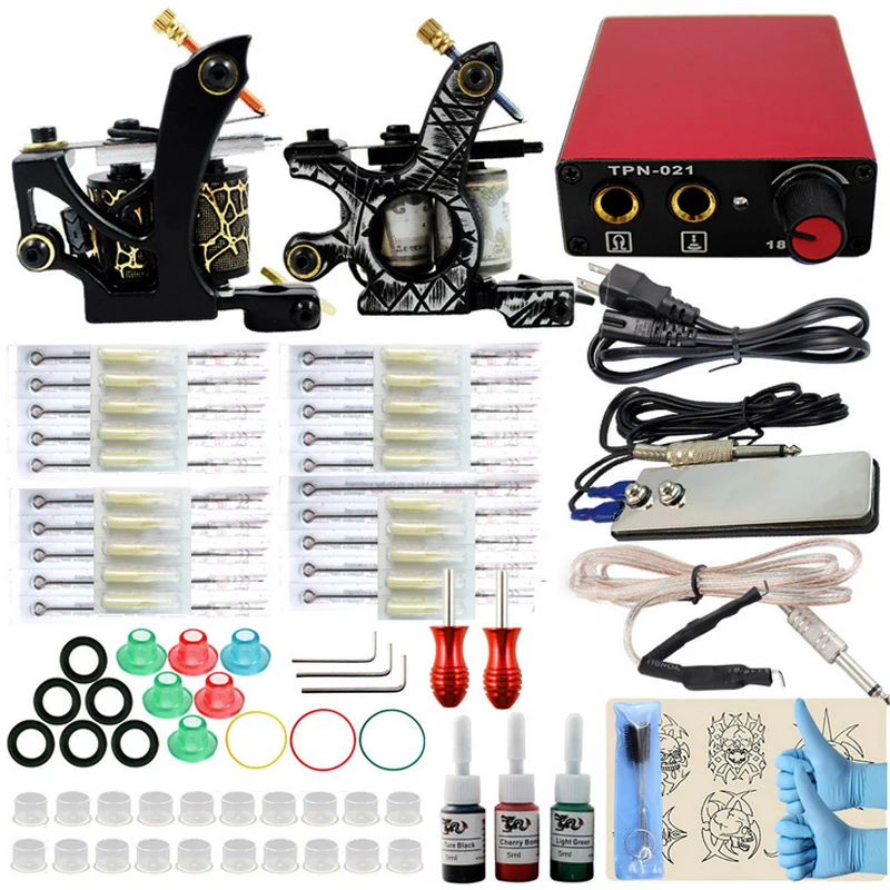Complete 10 wrap coils tattoo kit 2 guns machines 3 ink sets font b power b