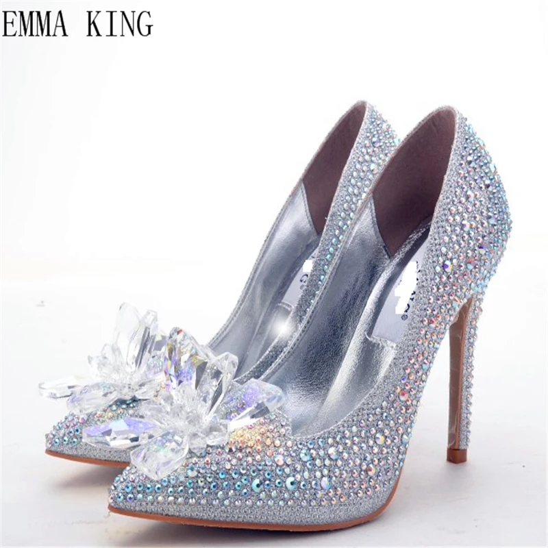 

Luxury Crystal Pumps Shoes Women Pointed Toe Flower Rhinestone High Heels Princess Bride Shoes Baby Cinderella Wedding Pumps