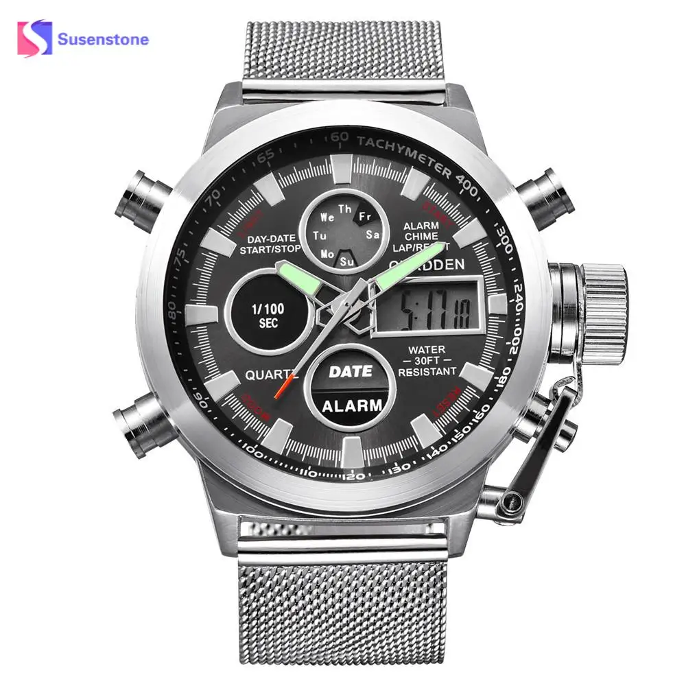 

Men's Watch Mens Luxury Business Wrist Watches Luminous Pointer Dual Time LED Digital Analog Quartz Movt Steel Band Watch Clock