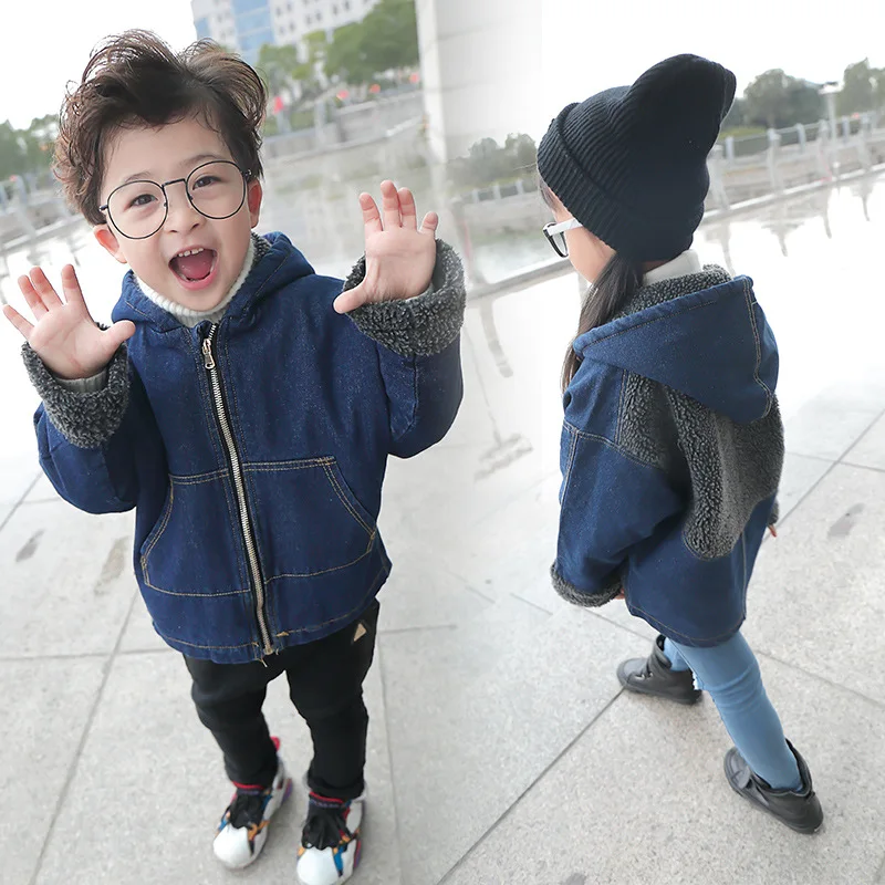 

boys winter jacket baby clothes denim boys coat fake fur inner coat for boys children clothing hoodie windbreaker