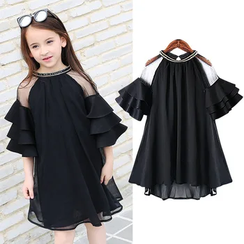 

New Big Girls party dress Teenager Ruffle Sleeves Chiffon Dresses for girls clothing Children vestido
