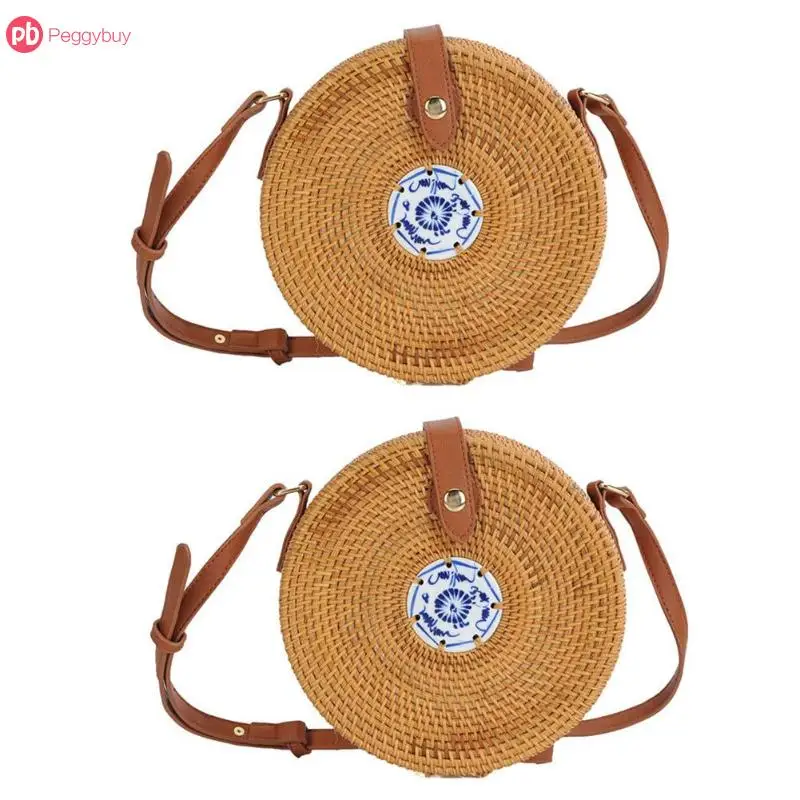 

Women Crossbody Handmade Circle Woven Handbags Round Straw Bags Rattan Knitted Casual Beach Ladies Summer Messenger Bags
