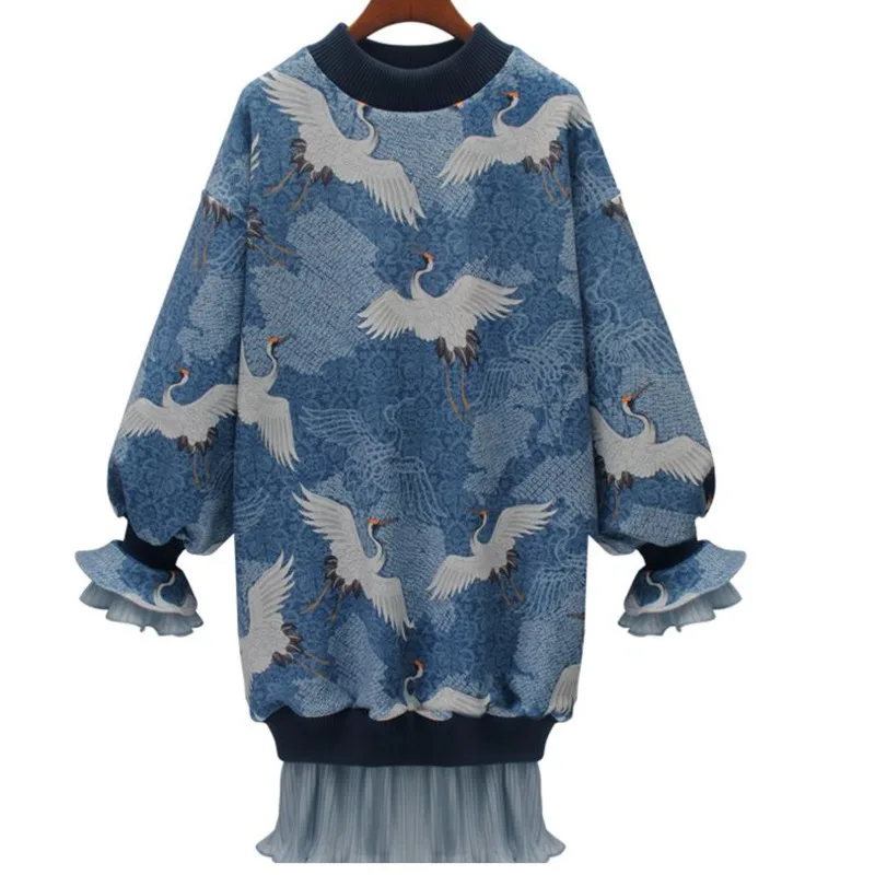 

LANMREM 2019 Autumn New Casual Fashion Women Loose Plus Round Neck Long Sleeve Stitching Mesh Dress TC621