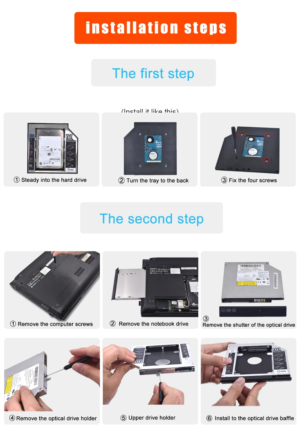 TISHRIC алюминий+ пластик Универсальный 2nd HDD Caddy 9,5 мм SATA 3,0 2," SSD чехол Корпус жесткого диска ODD Оптический отсек