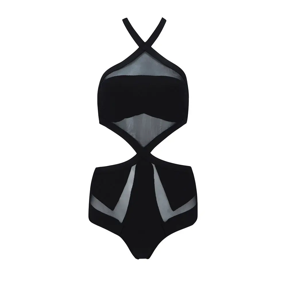 KLEEZY трикотажные Новое лето Femme рукавов Холтер Bodycon выдалбливают обтягивающее Боди Черный Вечерние короткий комбинезон HL1051