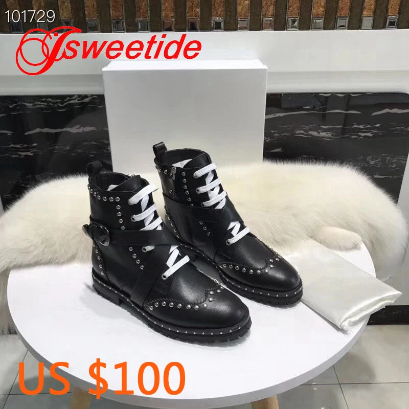 

Black Women Boots Genuine Leather Lace Up Ankle Boots Rivets Autumn Winter Martin Fashion Brand Designers Cowhide Shoes