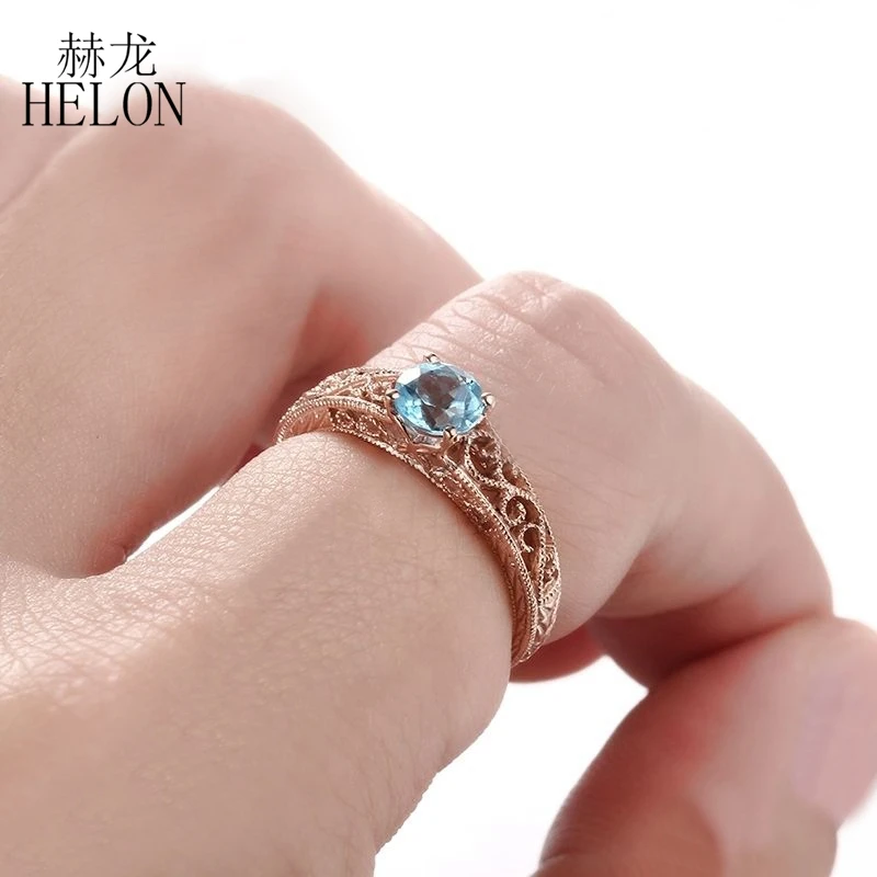 HELON Solid 14 K розовое золото безупречный круглый 0.63CT Природный Голубой топаз кольцо арт-деко обручальное кольцо винтажный подарок вечерние ювелирные изделия