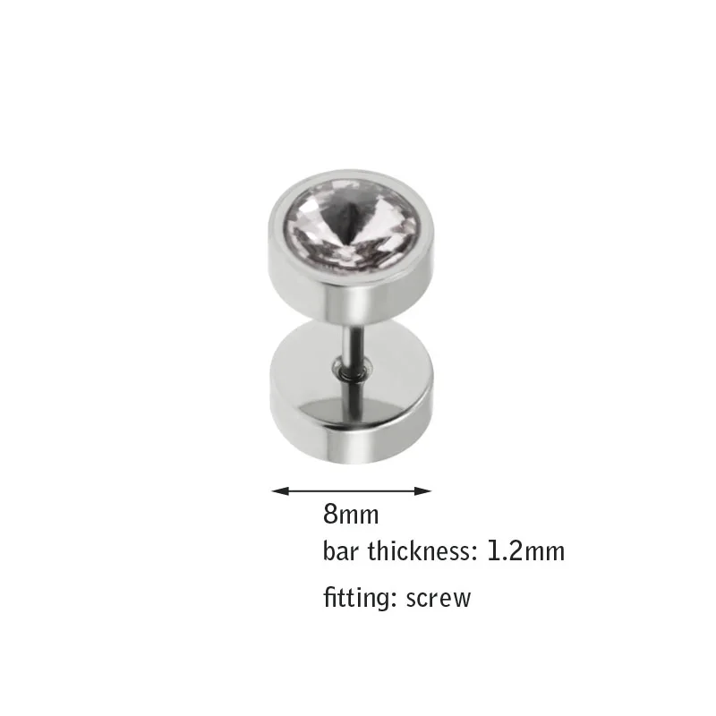 1pair fashion men's stud earrings barbell ear studs pendientes stainless steel crystal 12 colors 8mm anti-allergic punk jewelry 8