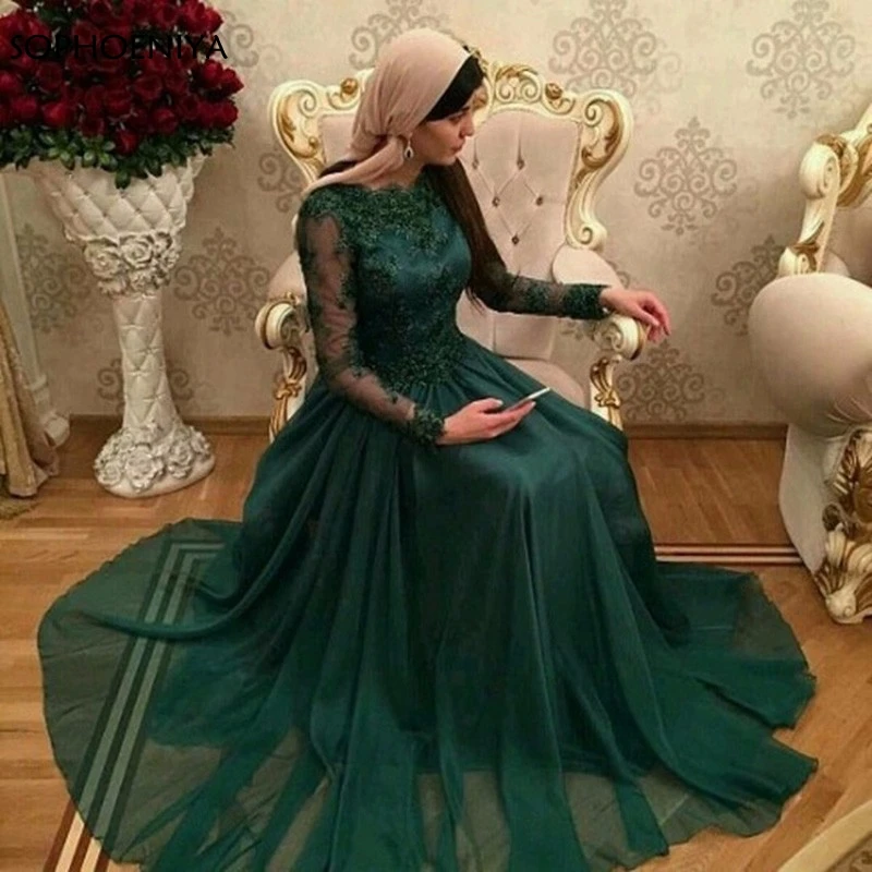 Женское шифоновое вечернее платье зеленое с длинным рукавом в мусульманском