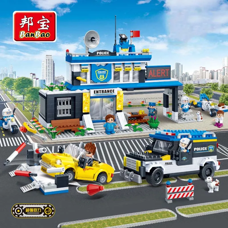 

BanBao Police Station Boy Building Blocks Toys For Children City Hero Cars Truck Moto Stickers Compatible With Legoe