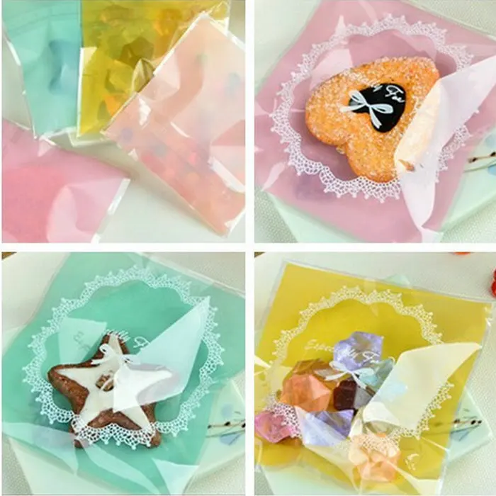 

2016 New 100PCS 10*10cm Cookie packaging lace candy color self-adhesive plastic bags for biscuits snack baking package
