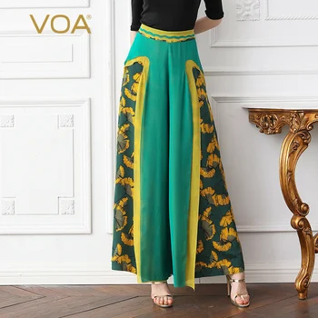 

VOA Heavy Silk Wide Leg Pants Office Long Trouser Women High Waist Plus Size 5XL Loose Casual Green Print Comfort Spring K563