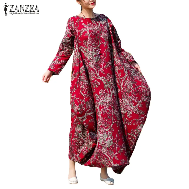 

Summer ZANZEA Women Floral Print Long Sleeve Casual Loose Kaftan Retro Baggy Round Neck Maxi Long Dress Vestido