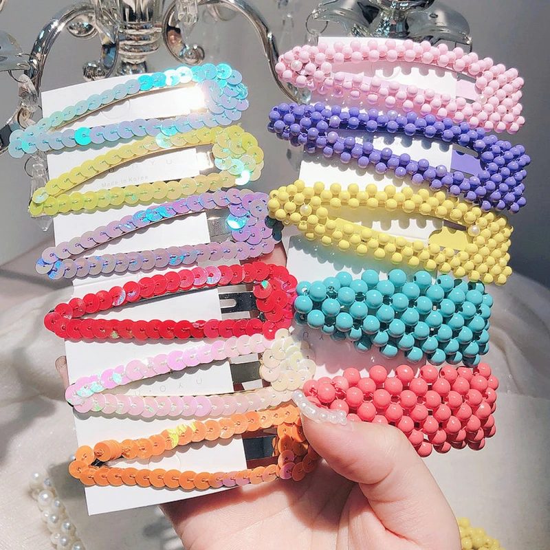 

HUANZHI 2019 New Shiny Sequin Fluorescent Colorful Beads Hair Clips Hairpins for Women Student Girls Hair Accessories Barrette