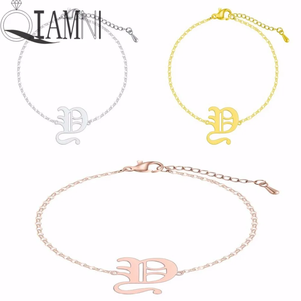 QIAMNI Stainless Steel Old English Initial Capital Y Alphabet Font Letter 26 A-Z Bangle Bracelet Anklet Birthday Gift Pulseras | Украшения