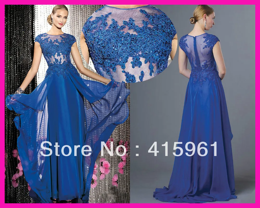 

2014 New Arrival Royal Blue Appliques Lace Long Chiffon Women Pageant Prom Evening Dress E4593