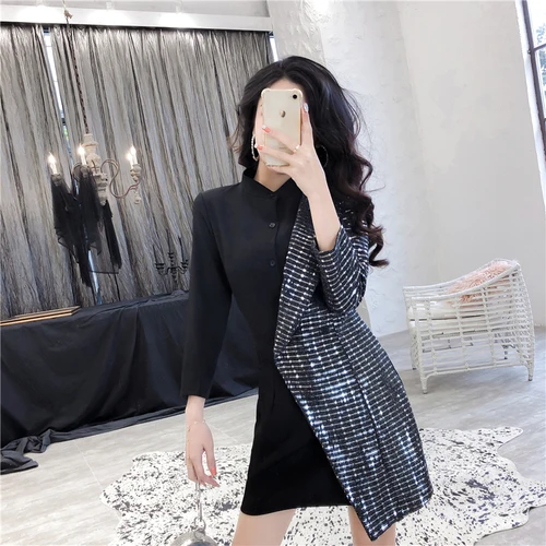 

Patchwork Sequined Single Breasted Wrist Sleeve High Waist Dress Women Fashion Office Work Dress New Arrive Autumn Lady Dress