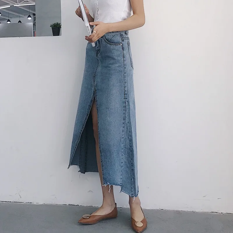EXOTAO Irregular Mid Long Saia Feminina Cintura Alta High Split Chic A-Line Jeans Skirt Sexy Stretch Denim Skirts 2018 Vintage EXOTAO Irregular Mid Long Saia Feminina Cintura Alta High Split Chic A-Line Jeans Skirt Sexy Stretch Denim Skirts 2018 Vintage
